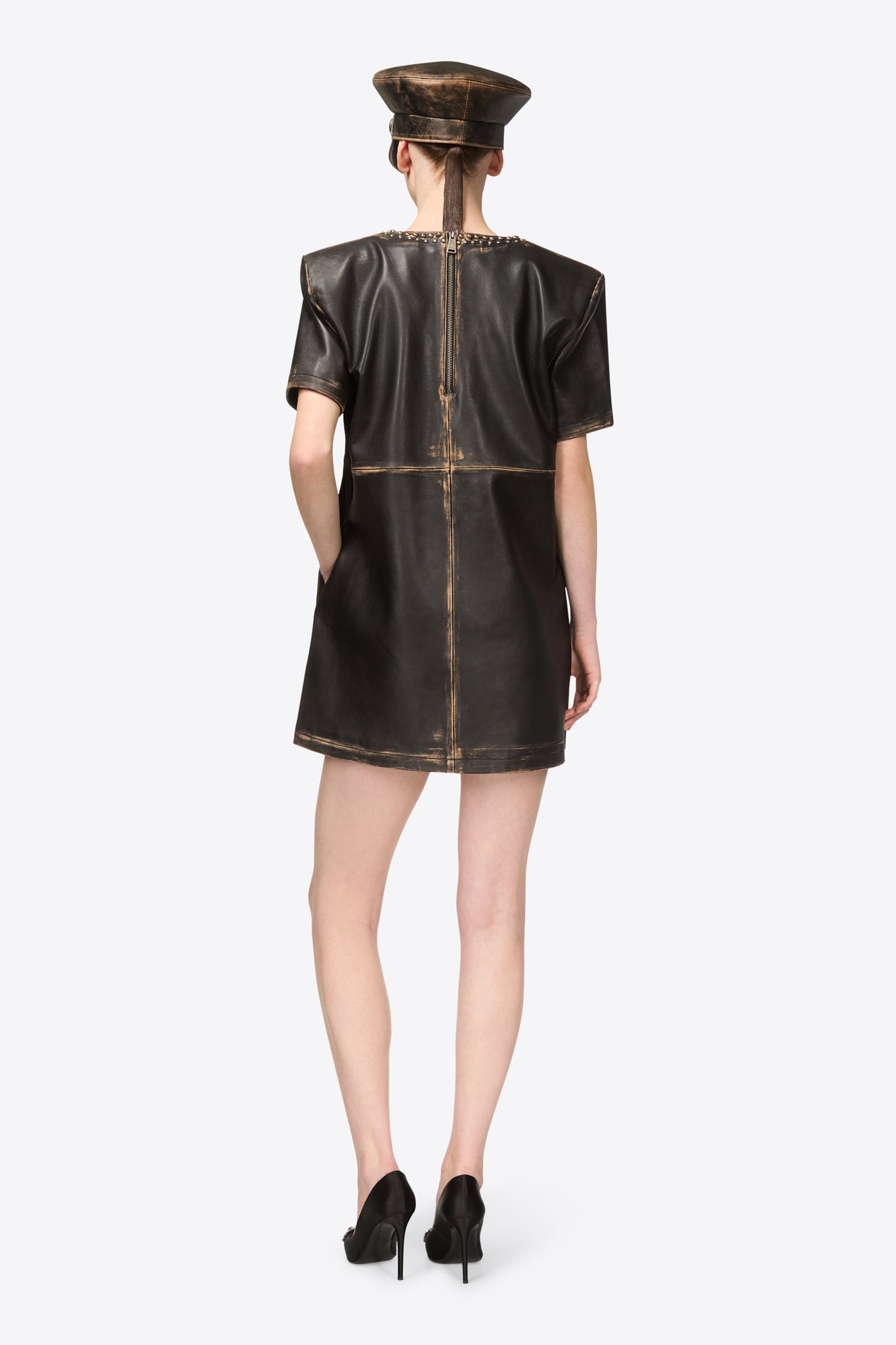 Studded Leather V-Neck T-Shirt Dress