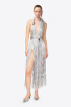 Metallic Fringe Halter Midi Dress