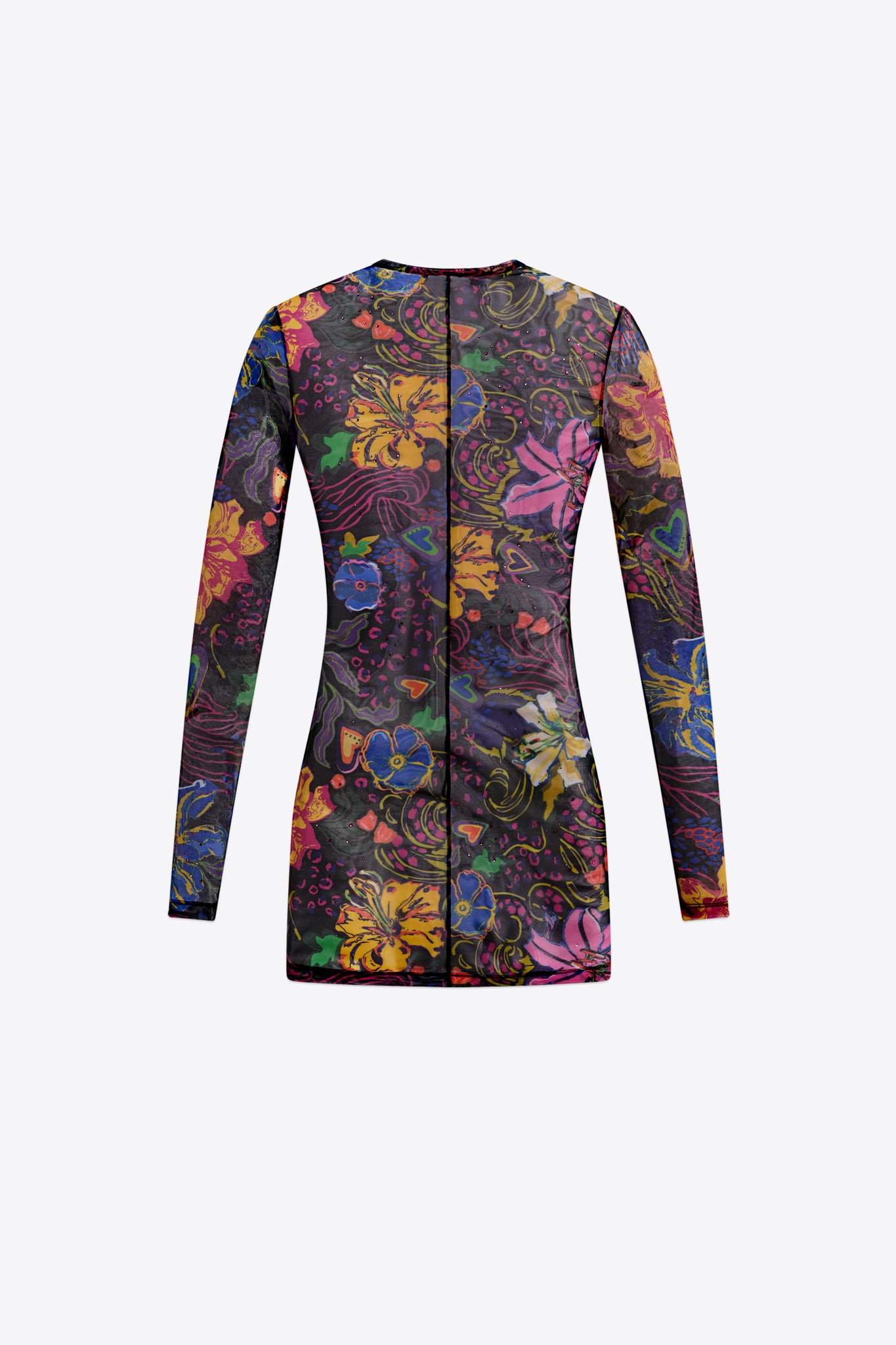 Hotfix Printed Tulle Long Sleeve Mini Dress