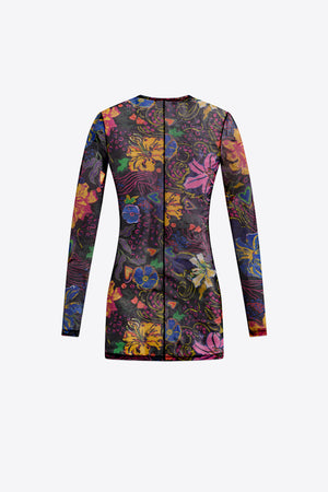 Hotfix Printed Tulle Long Sleeve Mini Dress