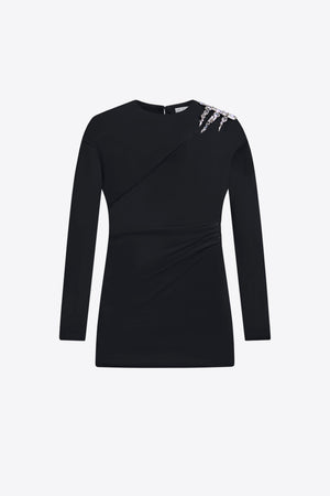 Crystal Cluster Draped Long Sleeve Mini Dress