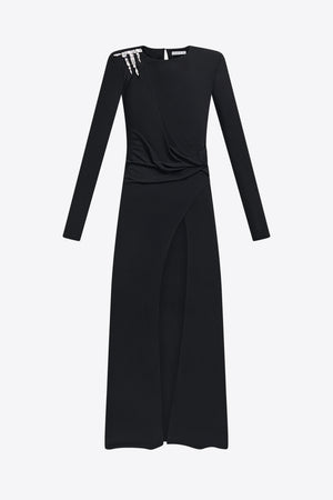 Crystal Cluster Draped Long Sleeve Gown