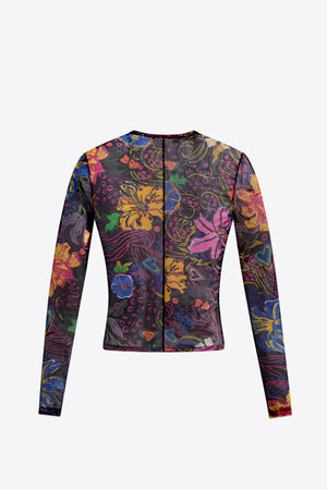 Hotfix Printed Tulle Long Sleeve Top
