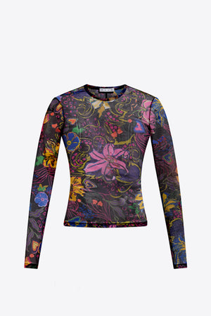 Hotfix Printed Tulle Long Sleeve Top