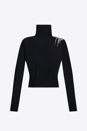 Crystal Cluster Draped Long Sleeve Open Back Top