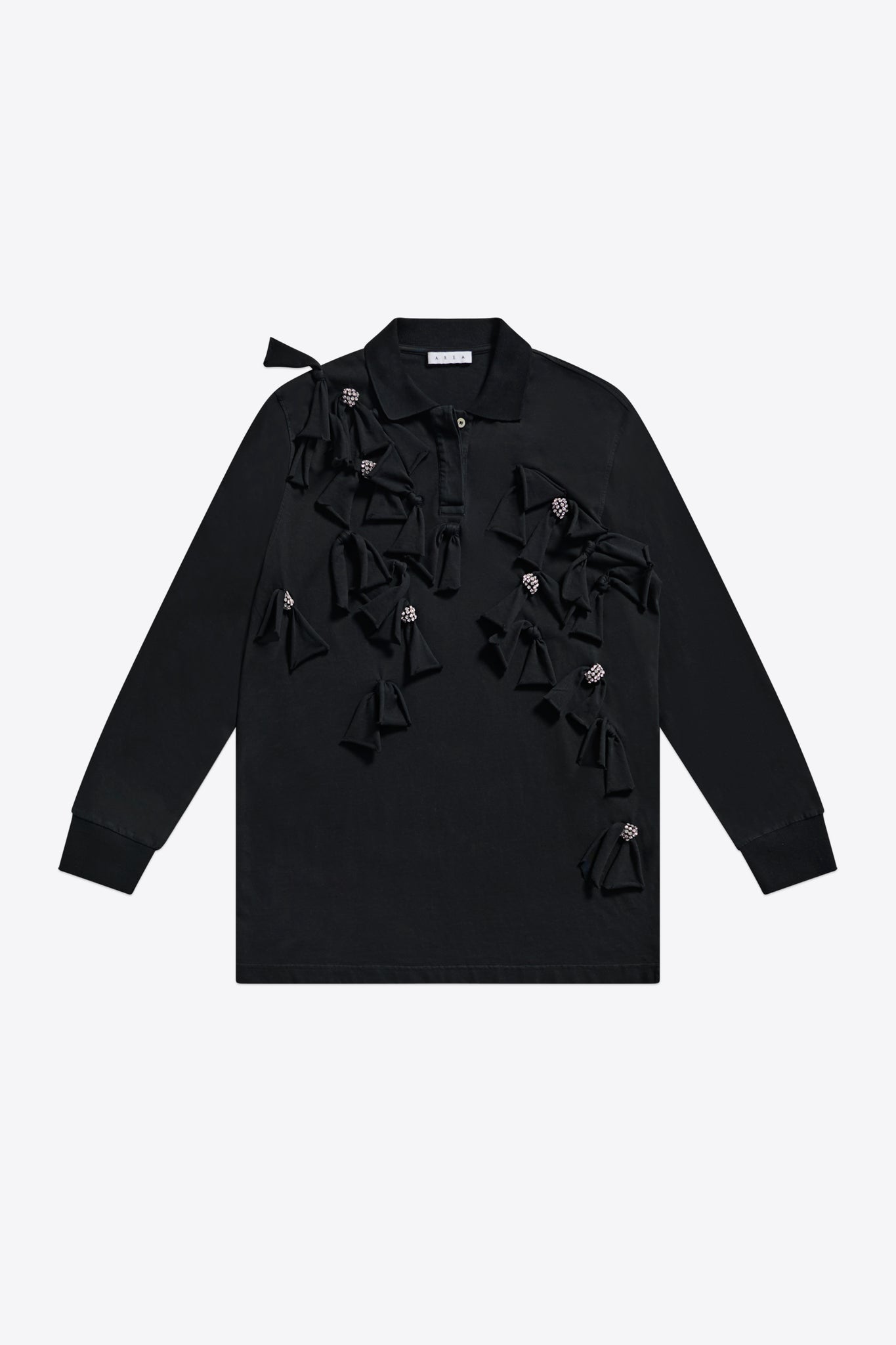 Allover Crystal Embellished Bow Long Sleeve Polo