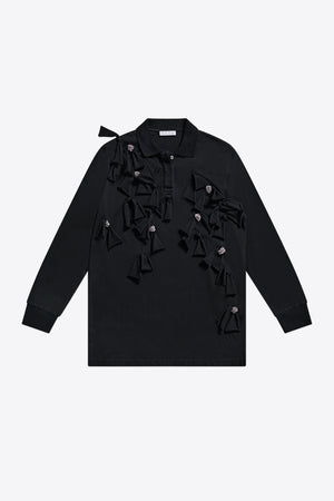 Allover Crystal Embellished Bow Long Sleeve Polo