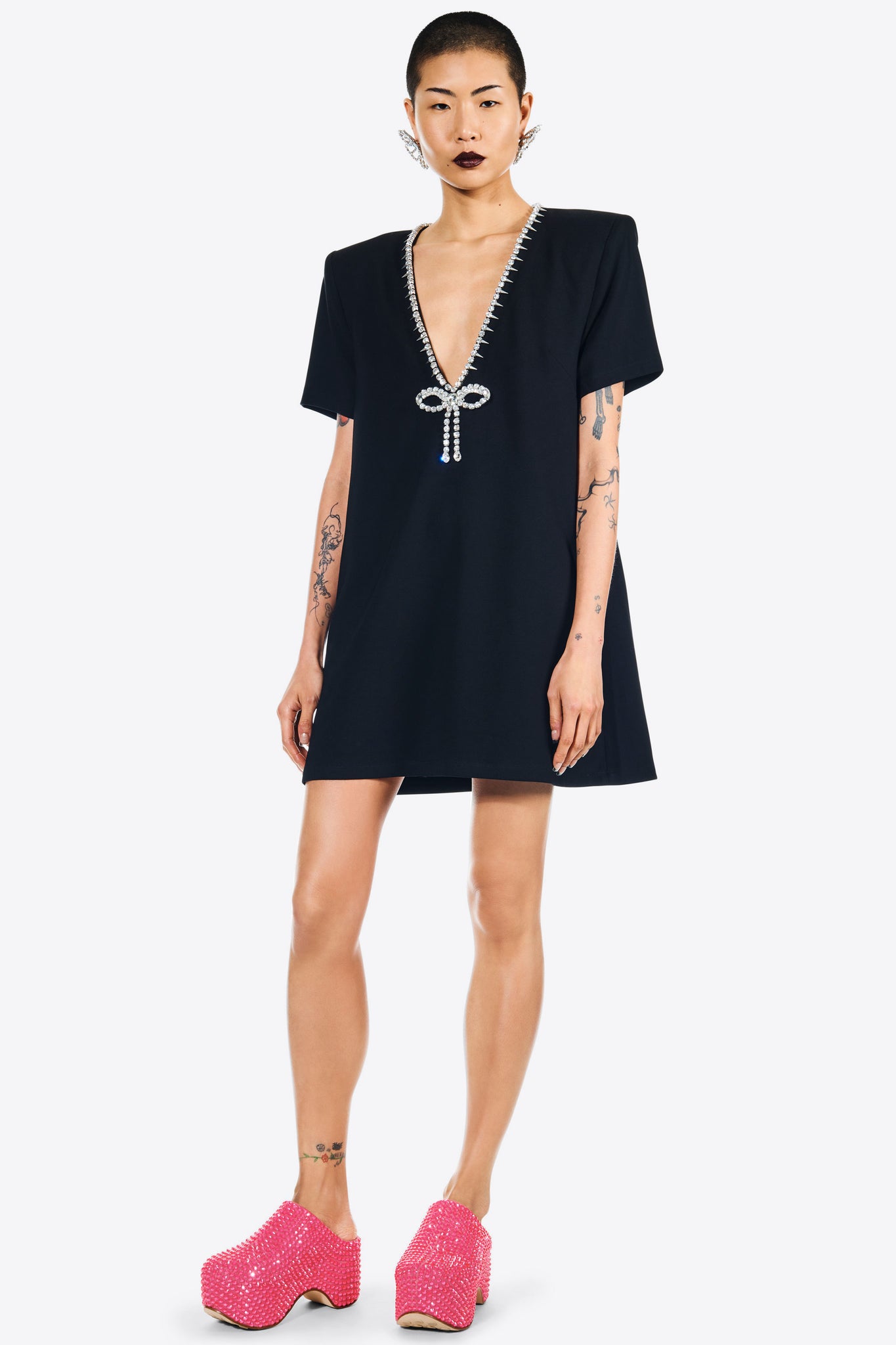 Crystal Bow V-Neck T-Shirt Dress