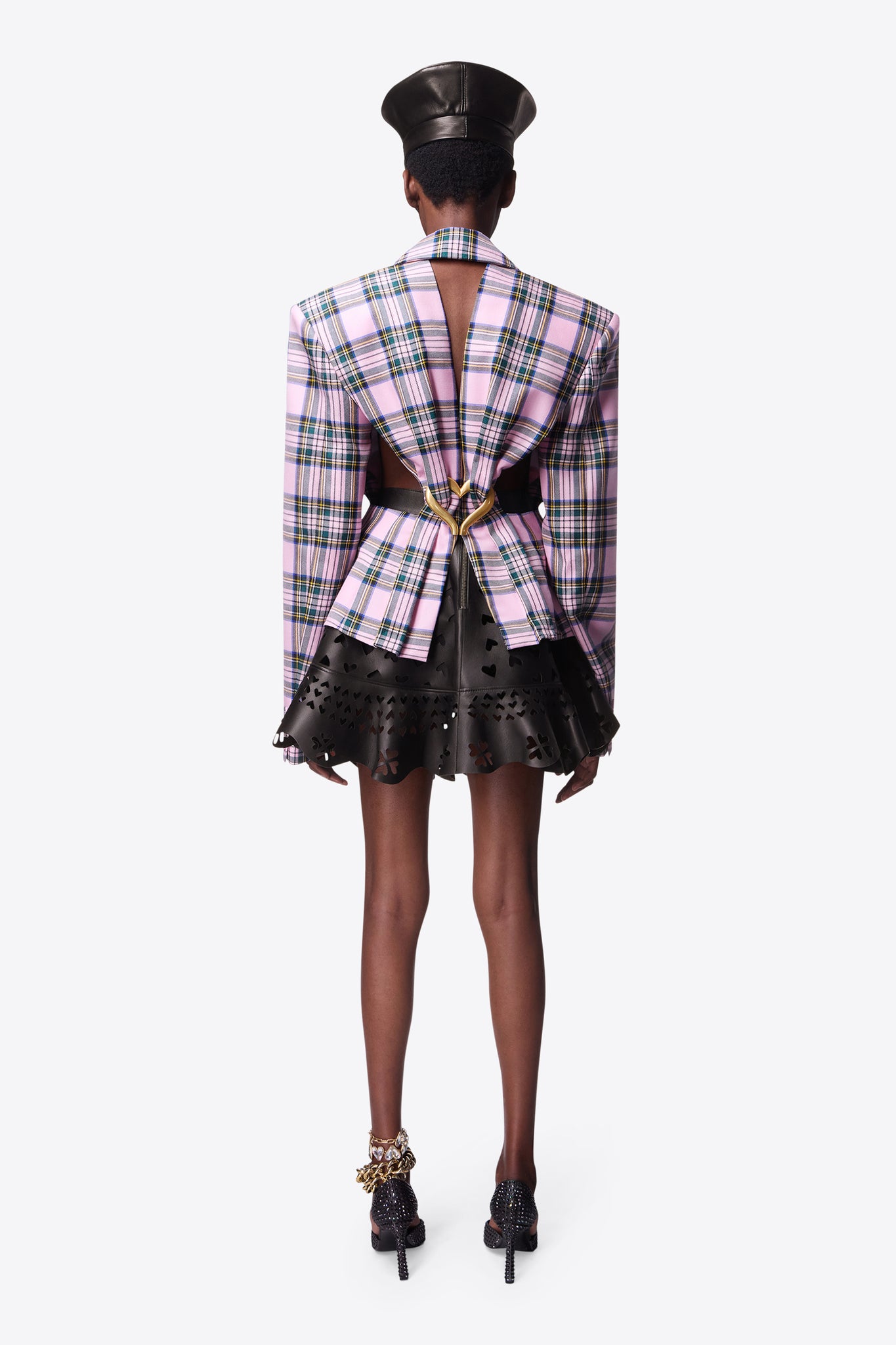 Heart Draped Cutout Checked Blazer