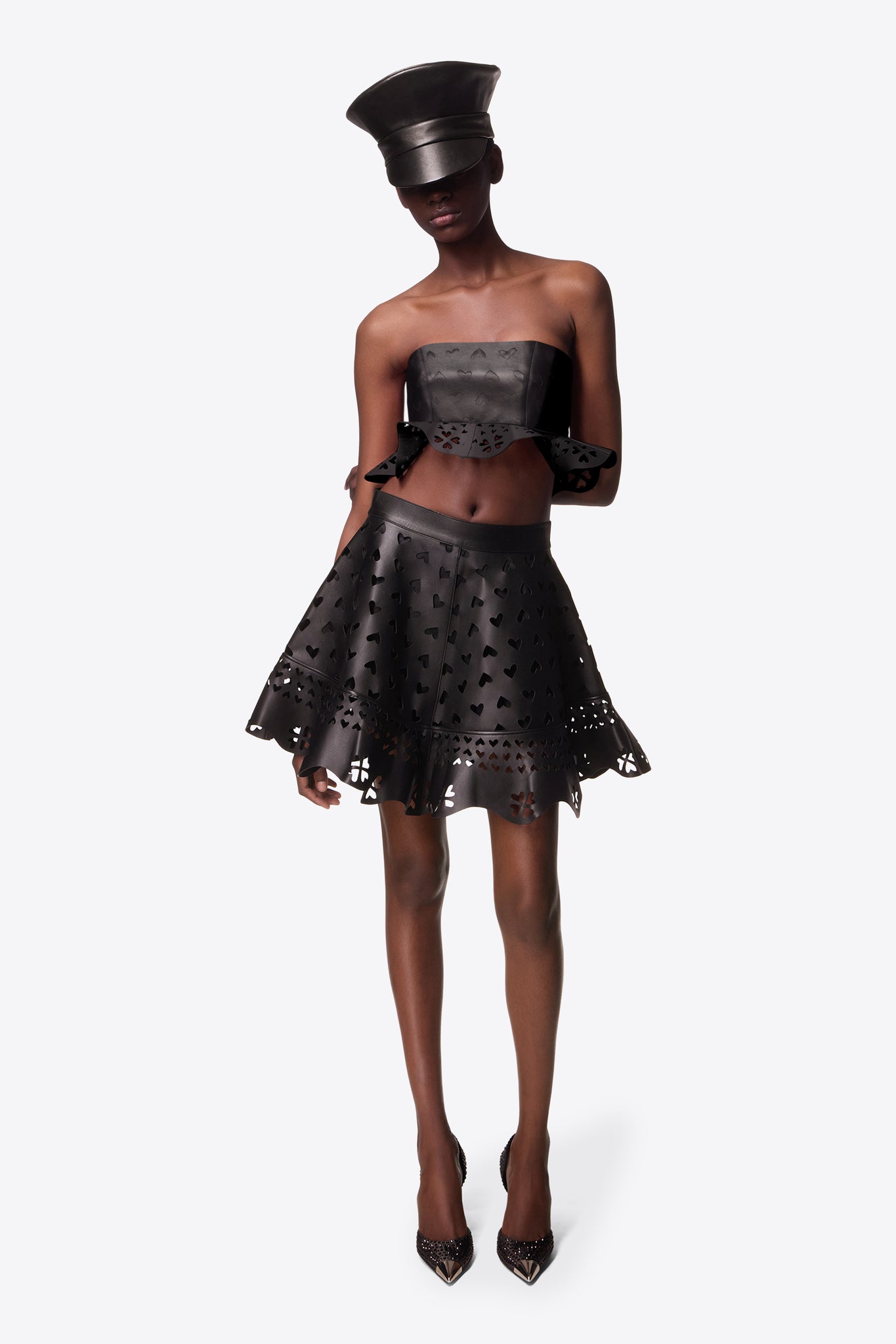 Laser-Cut Leather Heart Mini Skirt