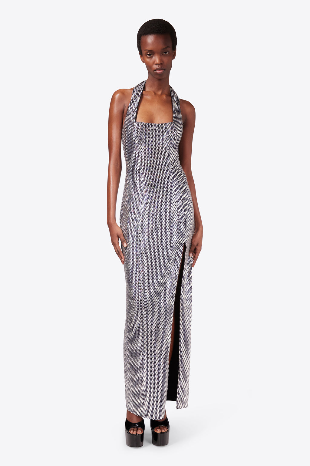 Crystal Embellished Halter Slit Gown