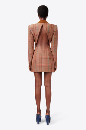 Crystal Button Checked Open Back Blazer Dress