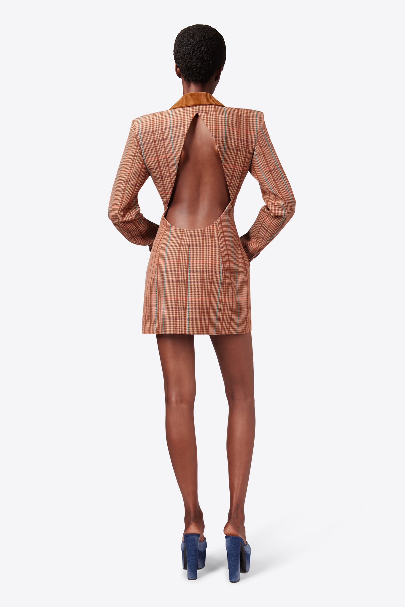 Crystal Button Checked Open Back Blazer Dress