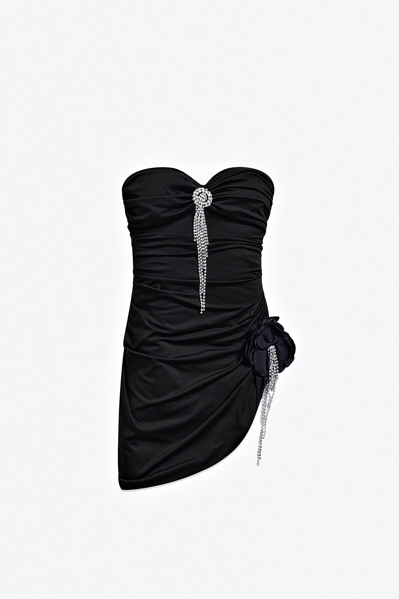 Crystal Flower Draped Strapless Mini Dress