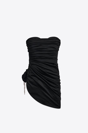 Crystal Flower Draped Strapless Mini Dress