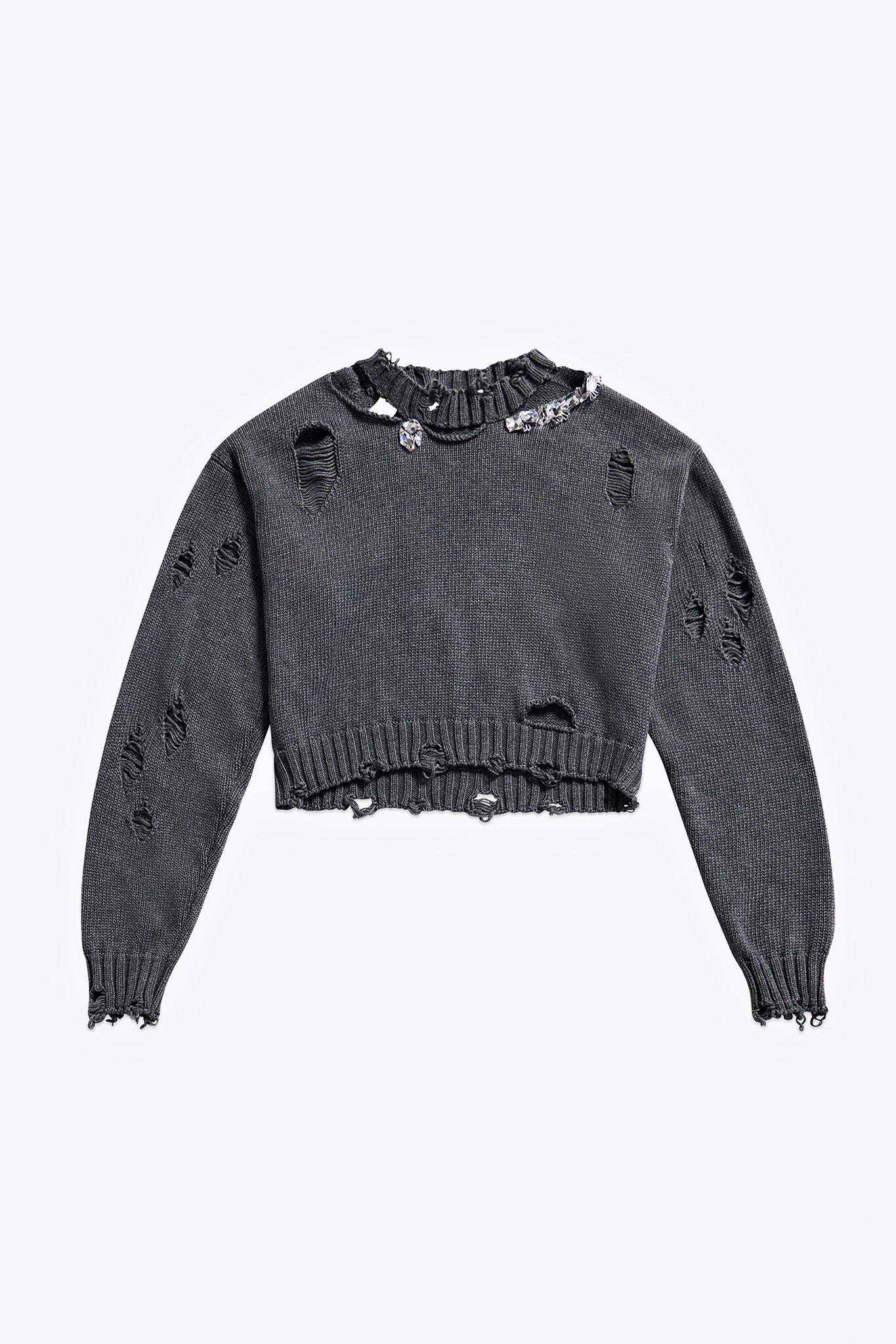 Distressed Crystal Crewneck Sweater