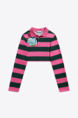 Embroidered Flower Rugby Stripe Long Sleeve Cropped Polo – AREA