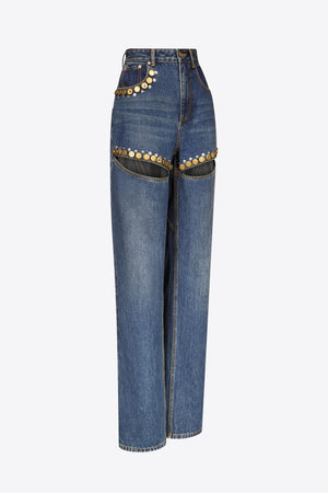 Crystal Button Studded Slit Jean