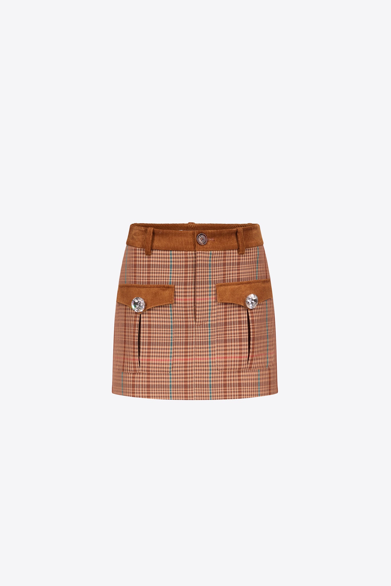 Crystal Button Checked Mini Skirt