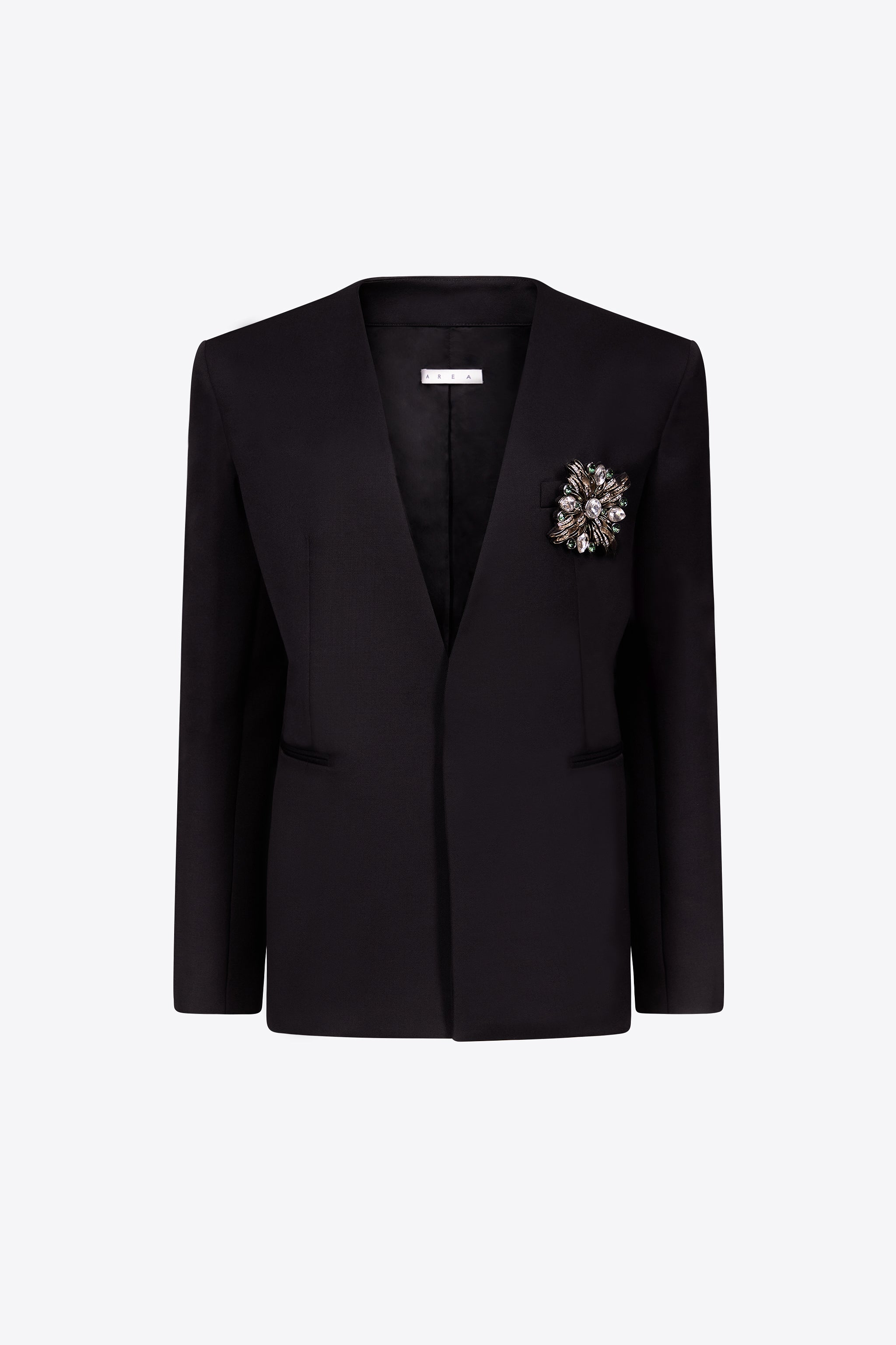 A-KRIS ブラック メッシュ ストール Crystal Brooch Collarless Blazer – AREA