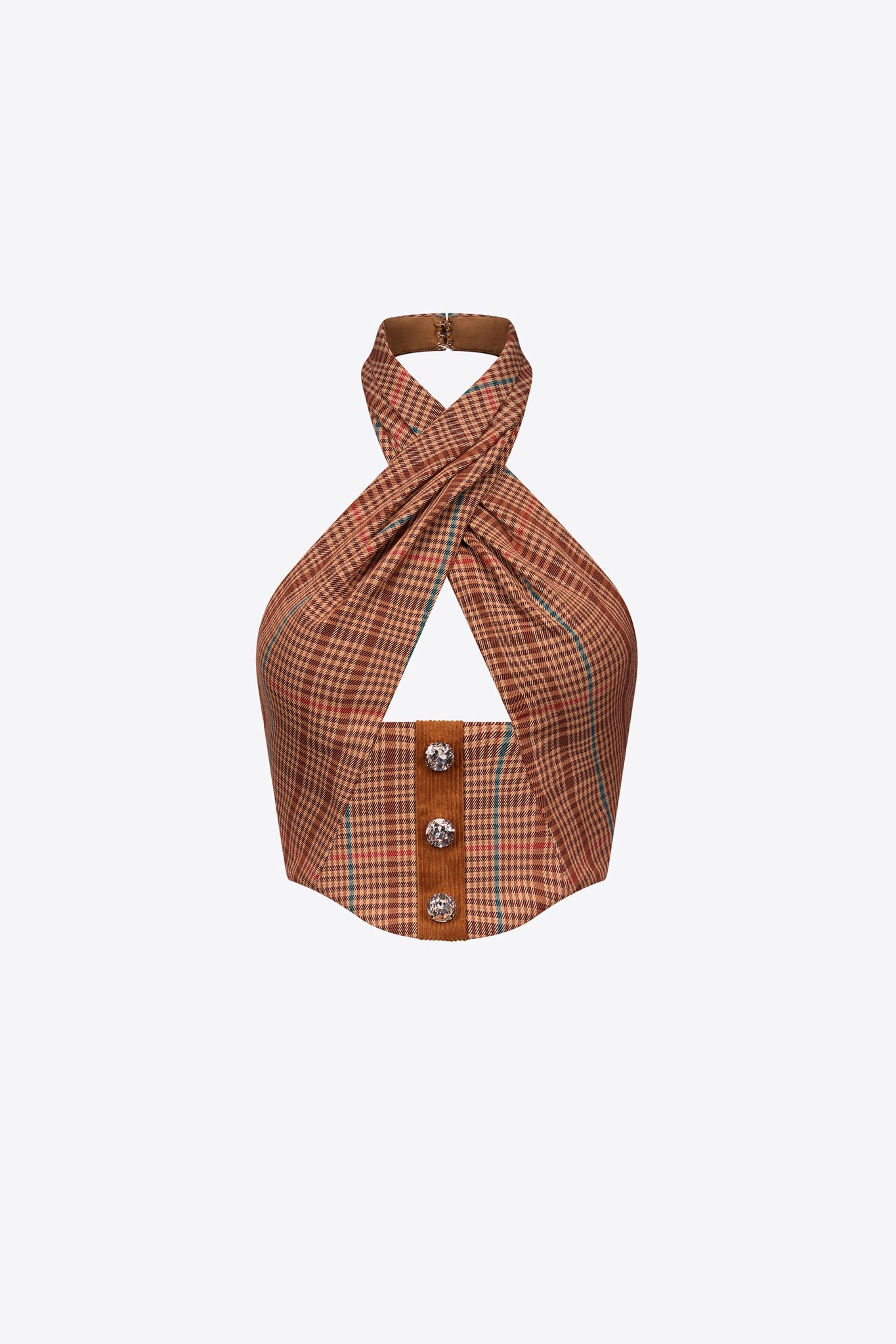 Crystal Button Checked Halter Top